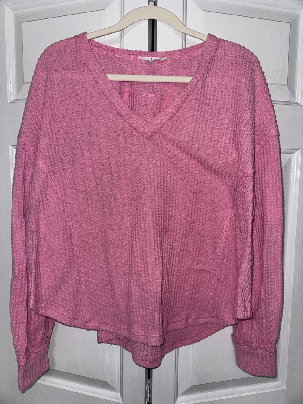 Talula Pink V-Neck Waffle Knit Long Sleeve Top